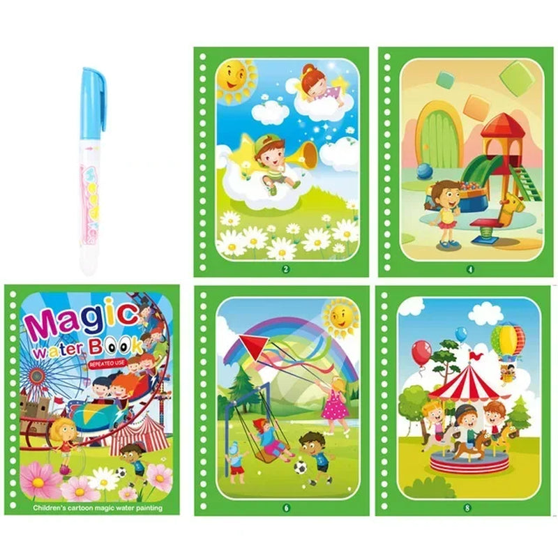 Livre d’Eau Magique avec Stylo – Livre de Coloriage Réutilisable, Jouet Éducatif Montessori pour Enfants 2 à 4 Ans