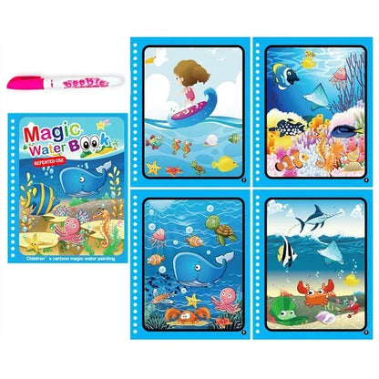 Livre d’Eau Magique avec Stylo – Livre de Coloriage Réutilisable, Jouet Éducatif Montessori pour Enfants 2 à 4 Ans