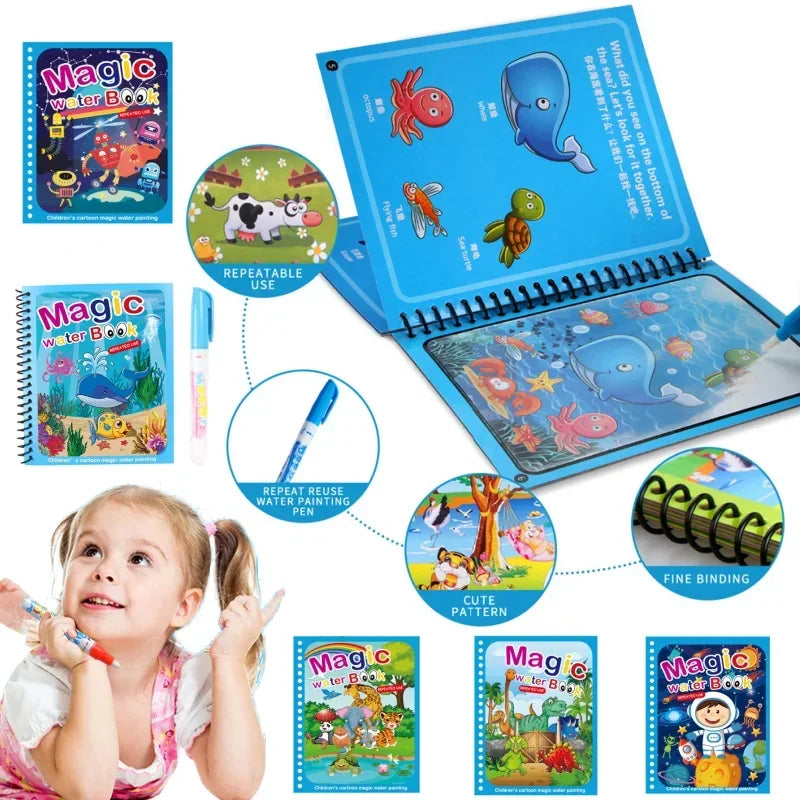 Livre d’Eau Magique avec Stylo – Livre de Coloriage Réutilisable, Jouet Éducatif Montessori pour Enfants 2 à 4 Ans