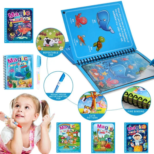 Livre d’Eau Magique avec Stylo – Livre de Coloriage Réutilisable, Jouet Éducatif Montessori pour Enfants 2 à 4 Ans