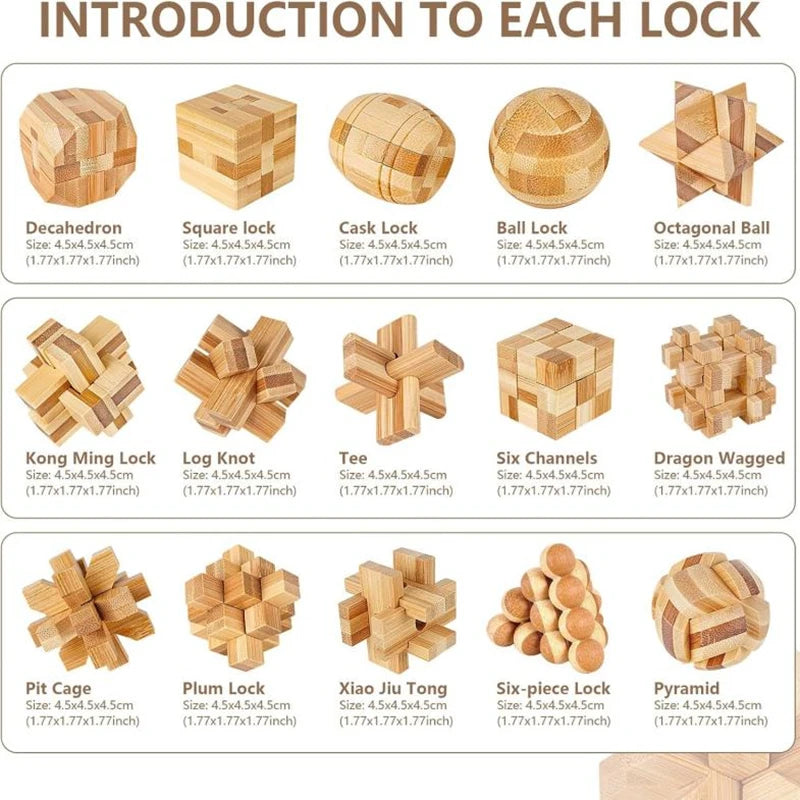 Lot de 3 à 15 Casse-Têtes en Bois – Serrures Kong Ming / Lu Ban, Puzzle 3D Éducatif Montessori, Jeu d’Intelligence pour Enfants et Adultes
