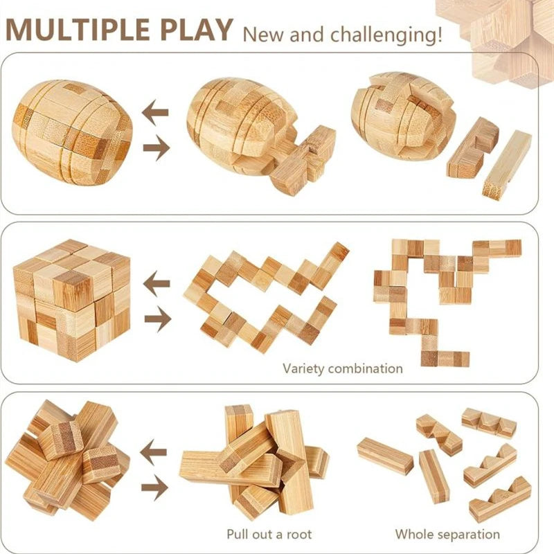 Lot de 3 à 15 Casse-Têtes en Bois – Serrures Kong Ming / Lu Ban, Puzzle 3D Éducatif Montessori, Jeu d’Intelligence pour Enfants et Adultes