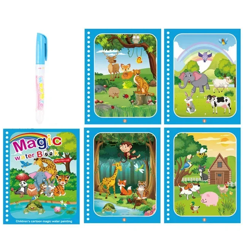 Livre d’Eau Magique avec Stylo – Livre de Coloriage Réutilisable, Jouet Éducatif Montessori pour Enfants 2 à 4 Ans